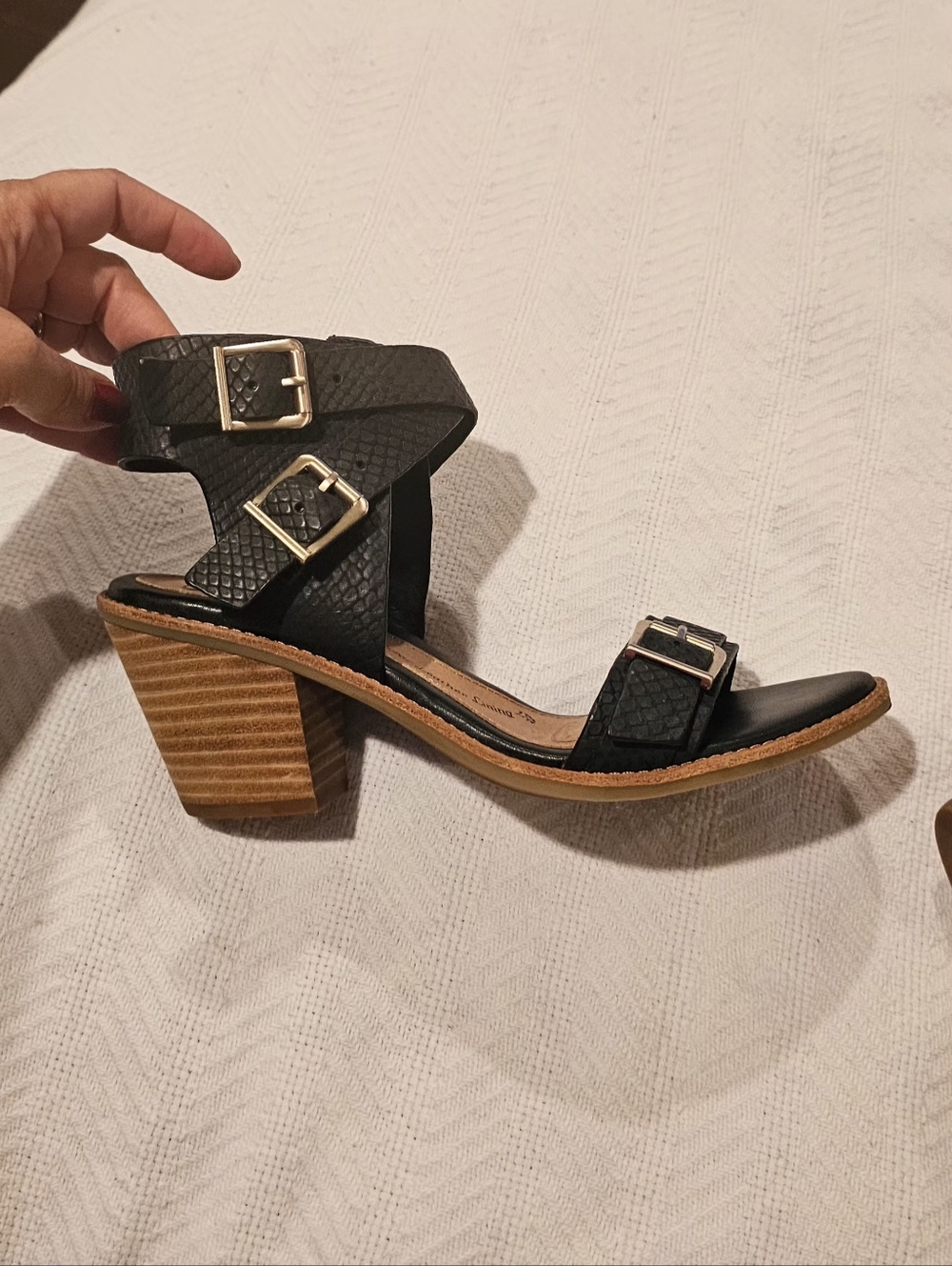 Sofft° Black Textured Buckle Block Heel Sandals